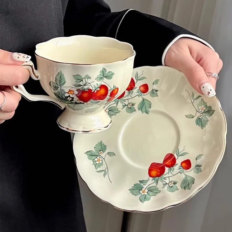 

Coffee Cups and Saucers with Strawberry Pattern,Ceramic Bone China with Spoon,Tea Pot Plate Bowl, Sold Separately, Wedding Gifts