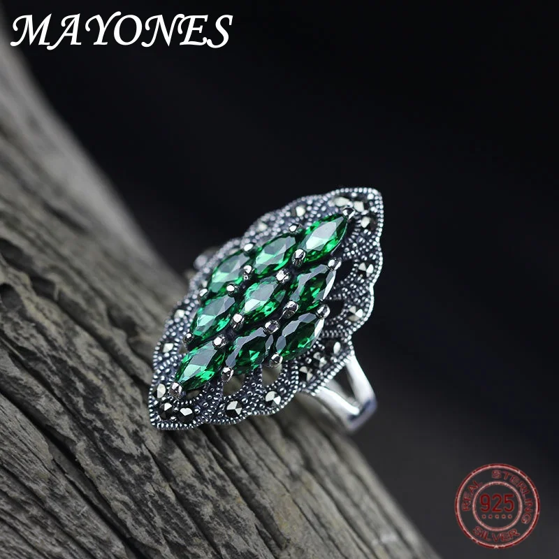 Fashionable 925 Sterling Silver Green Zircon Ring Retro And Exaggerated Women's Thai Silver Temperament Jewelry