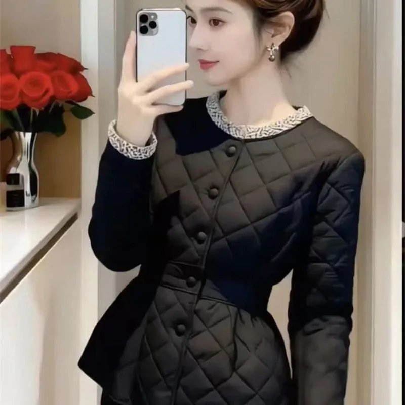 New Winter Jacket Small Fragrant Style Black Diamond Patterned Cotton Coat Top Waist Cinching Temperament Warm Outerwear Female
