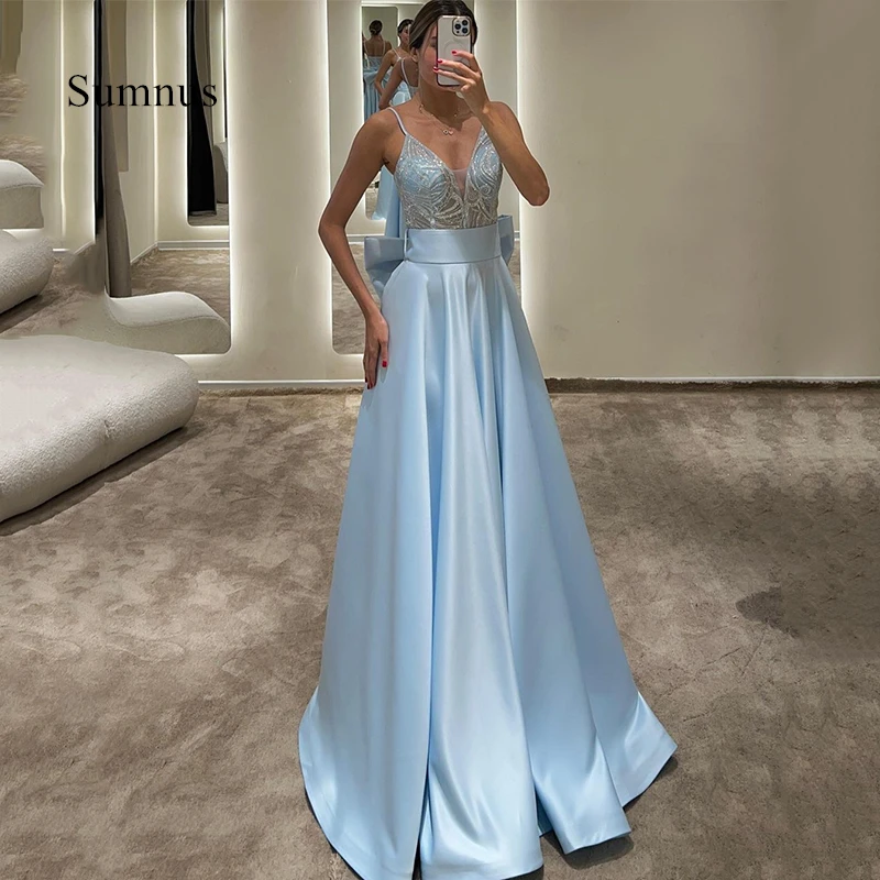 

Sumnus Sky Blue A-Line Evening Dresses V-Neck Spaghetti Straps Prom Dress Custom Size Party Gowns 2024 Saudi Arabia Bespoke