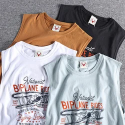 403# Summer New American Retro Sleeveless O-neck Printed T-shirt Men's Fashion 100% Cotton Washed Old Casual Sports Vest Tops