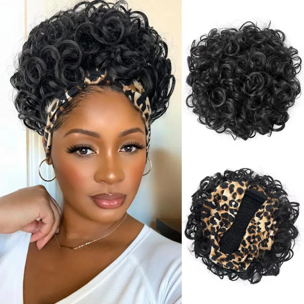باروكات صناعية كبيرة مجعدة مع عصابات رأس مرفقة للنساء، باروكات صناعية قصيرة مجعدة للنساء ذوات البشرة السمراء مع مشابك ثانية