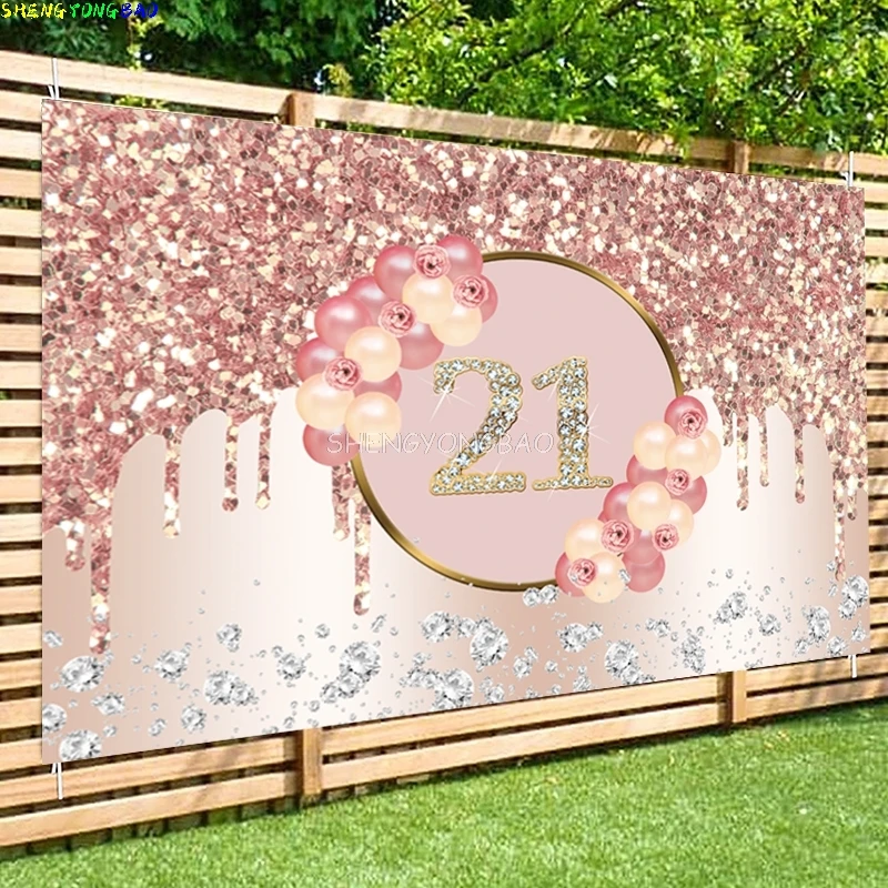 

Rose Gold Happy 21st Birthday Party Photography Backdrops 21 Years Old Woman Man Adults Glitter Balloons Photo Background TR-01