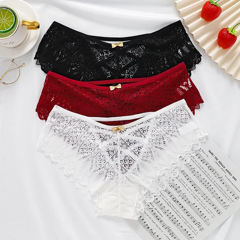 Women Lace Underwear Bow Panties Sexy Low-Waist Briefs Hollow Out G-Strings Underpant Solid Comfortable Female Lingerie Thongs