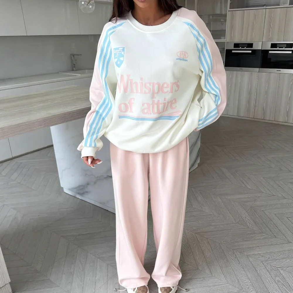 

Women's Autumn New Retro Color-blocked Letter Print Crew Neck Sweatshirt & Loose Sporty Pants Set