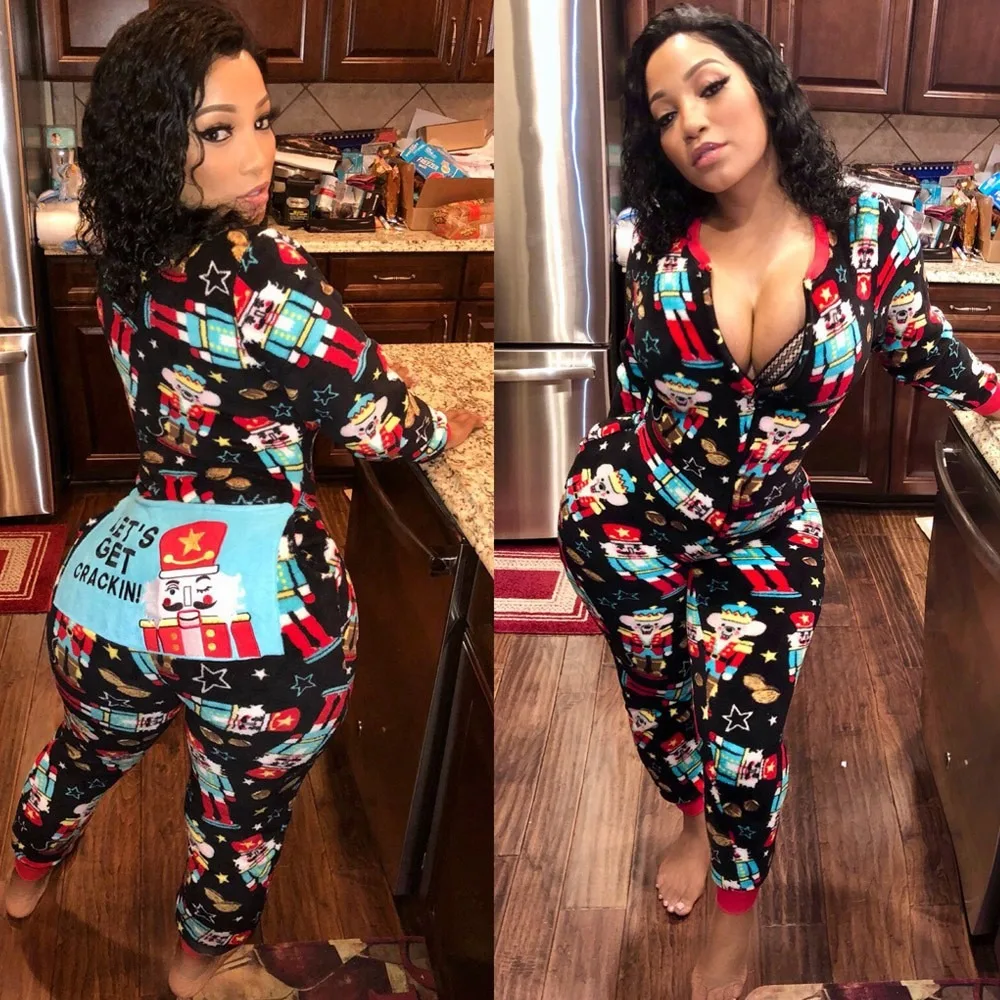 

Women's Fashion Temperament Printing Christmas Ladies Casual Jumpsuit Trousers Long-sleeved Loungewear Jumpsuit Suit