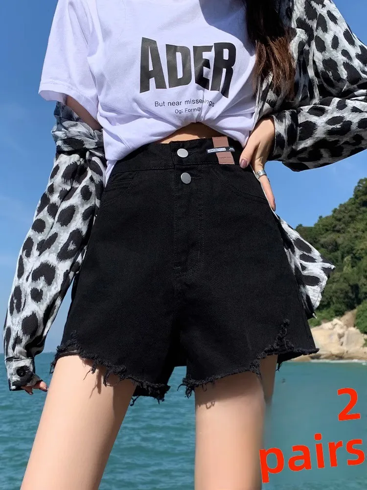 

High Waist A-Line Denim Shorts Women's Korean Style Summer New Loose Fit Hole Pants Slimming Wide Leg Cotton Blend Shorts