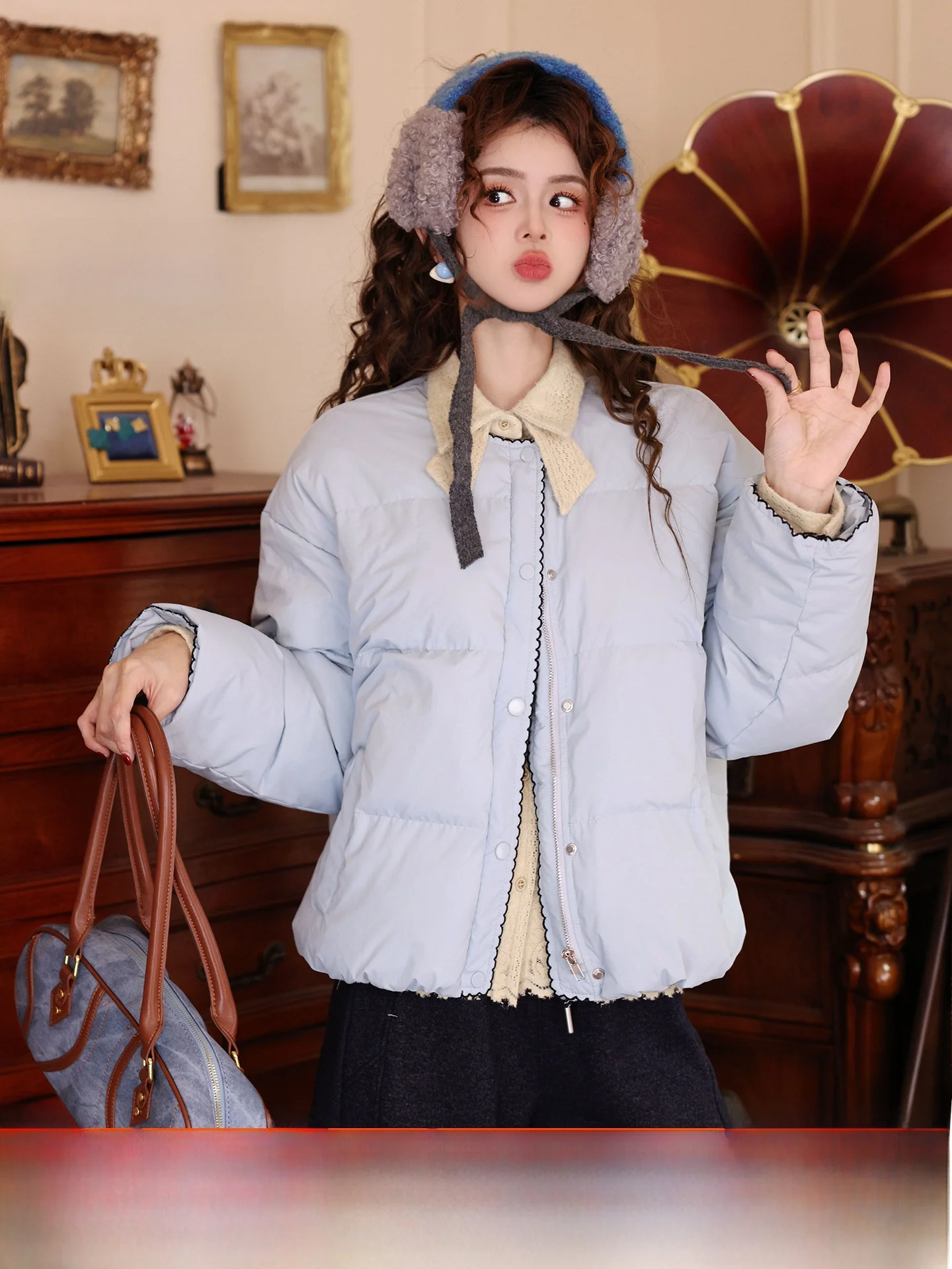 

Blue Casual Women's down Jaet Warmth Chen Jiajie New 2025 Winter Faionable Quilted Coat Vintage Sle Zipper Closure ort