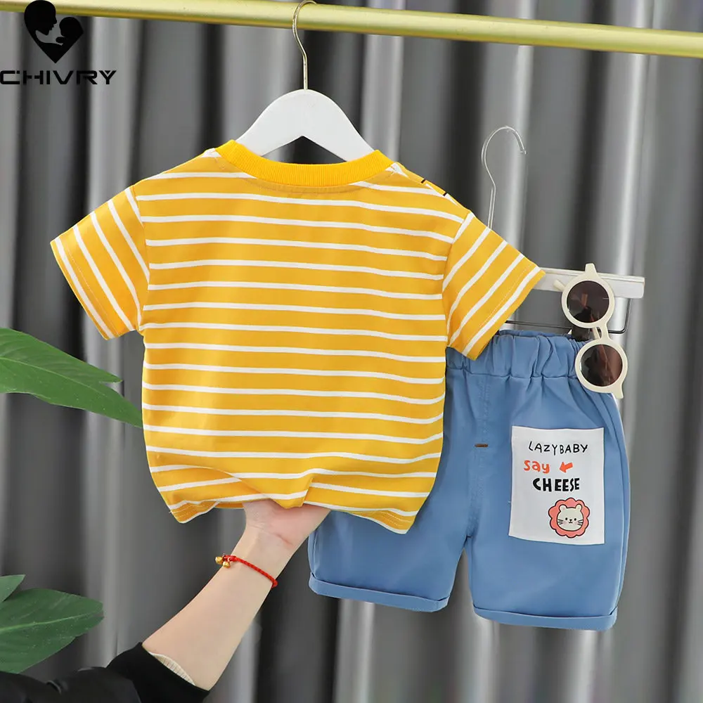 Neue Baby Jungen Mädchen Sommer Kurzarm O-ansatz Nette Cartoon Tier Gestreiften T-shirt Tops mit Denim Shorts Kleinkind Kleidung Sets