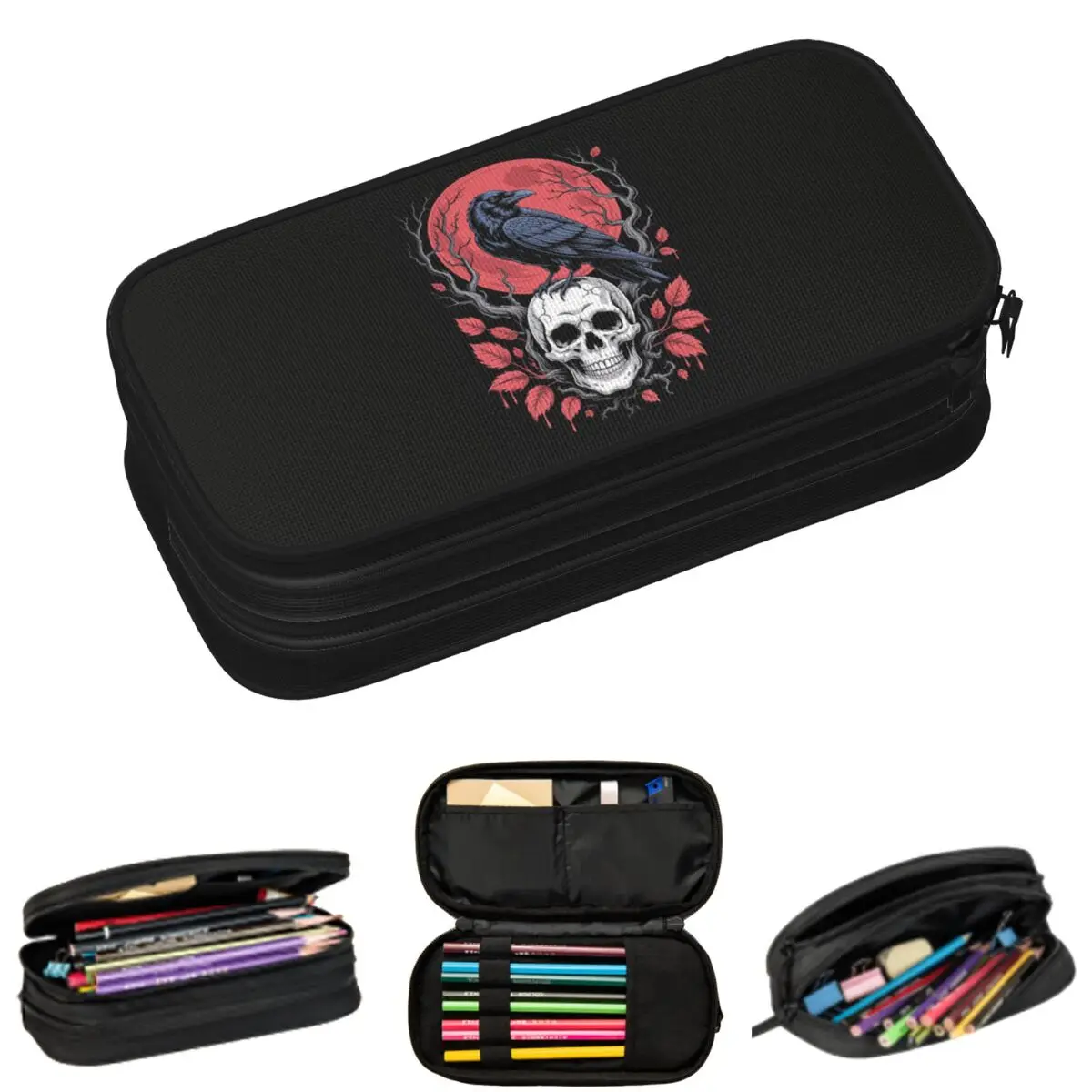 

Пеналы с изображением ворона и черепа для школьников, школьная коробка для ручек, сумка для карандашей, пенал большой вместимости