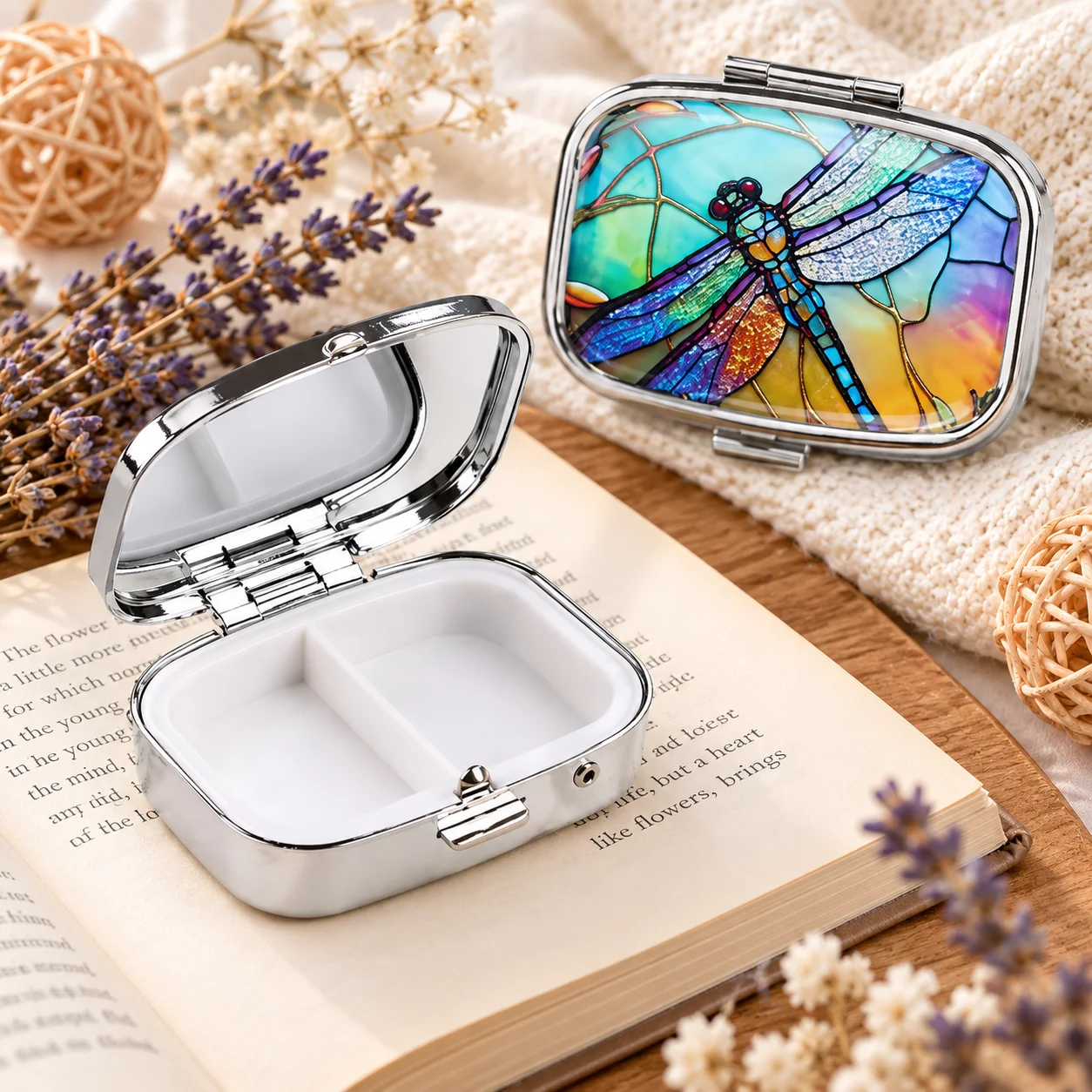 Colored Dragonfly Pill Container Metal Travel Case Small Medicine Organizer Portable Jewelry Storage Box Household Tablet Holder
