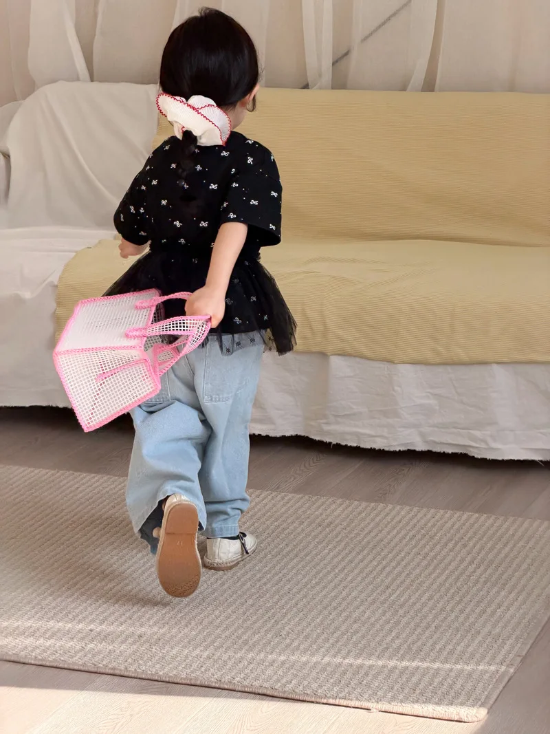 2026 New Spring Girls T-shirt Children Clothes Tops 2-7T Thin Korean Baby Mesh Bottoming Shirt Sweet Bow Kids Short Sleeve