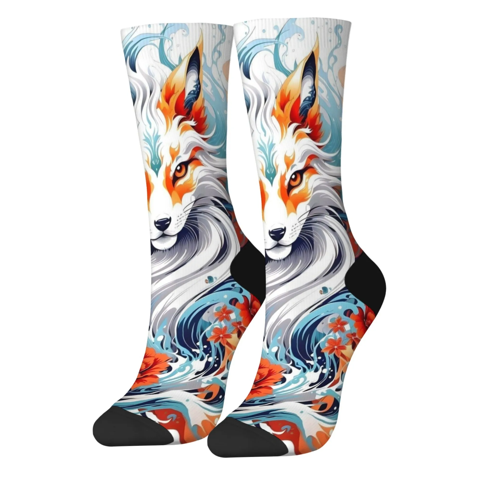 Wave Flower Art Fox Socks Novelty Funny Men's Socks Harajuku Retro Fashion Casual Socks Comfortable Warm Non-slip Unisex Gift