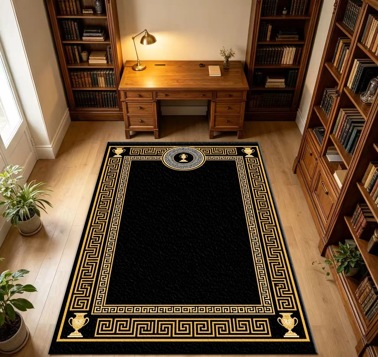 Black Gold Greek Pattern Vase Decoration Carpet Floor Luxury European Style Carpet Decoration Indoor Floor Mat