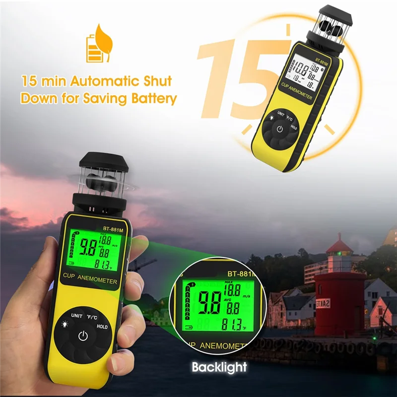 

N93R BT-881M Digital Anemometer Wind Meter - Handheld With 360° Rotation For Wind Speed And Temperature Measurement