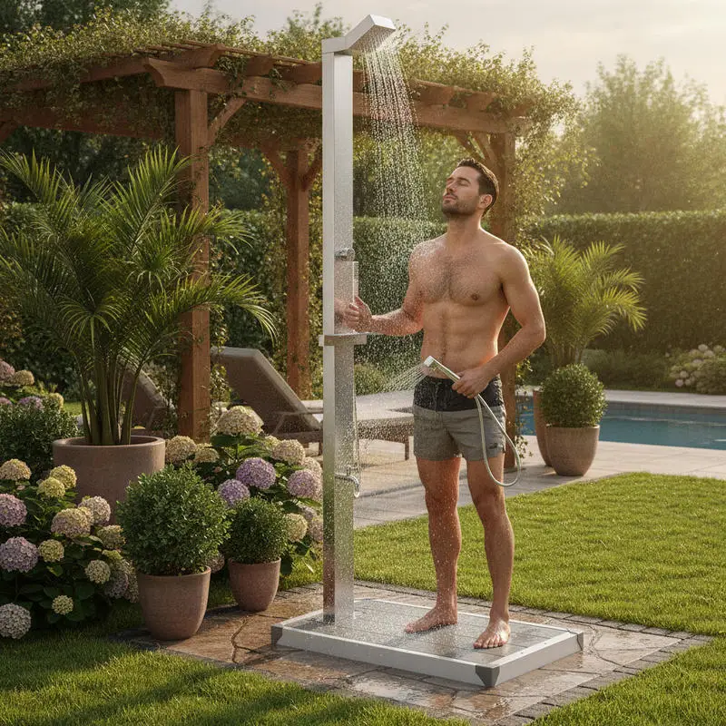 Douche de jardin avec base grise, 225 cm, en acier inoxydable. À installer sur les terrasses, les bords de piscine et les jardins privés pour éliminer la saleté après la baignade.
