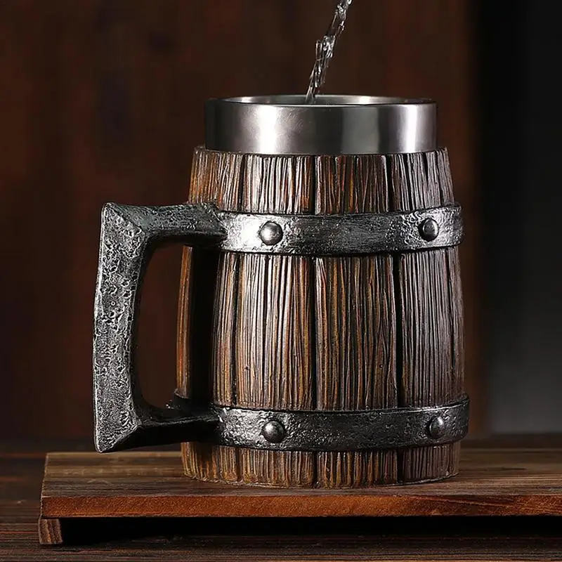 Large Viking Beer Mug Wooden Beer Tankard Cup Viking Coffee Cool Mug Whiskey Barrel Cup Antique Barrel for Party Decoration