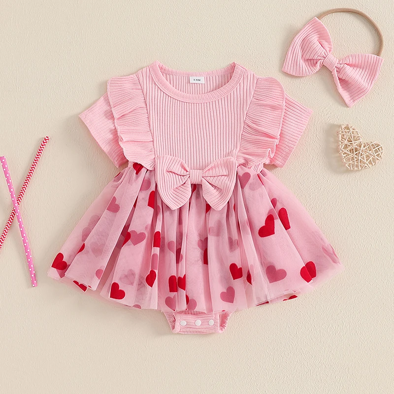 Baby Girls Valentines Day Romper Dress Toddler Infant Short Sleeve Heart Print Tulle Skirt Jumpsuit with Bow Headband Set