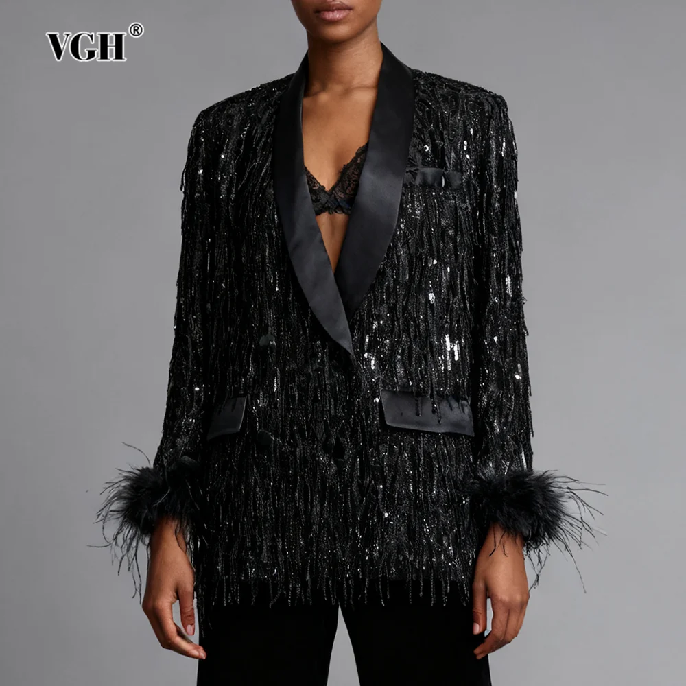 

VGH Tassel Sequin Gorgeous Solid Blazers For Women V Neck Long Sleeve Spliced Button Autumn Party Jacket Female Fashion Style