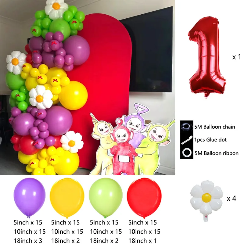 Teletubbies Themed Balloon Arch Chain Foil Mylar Tinky Winky Dipsy Laa-Laa Po with Latex for Toddler Birthday Photo Booth view 2