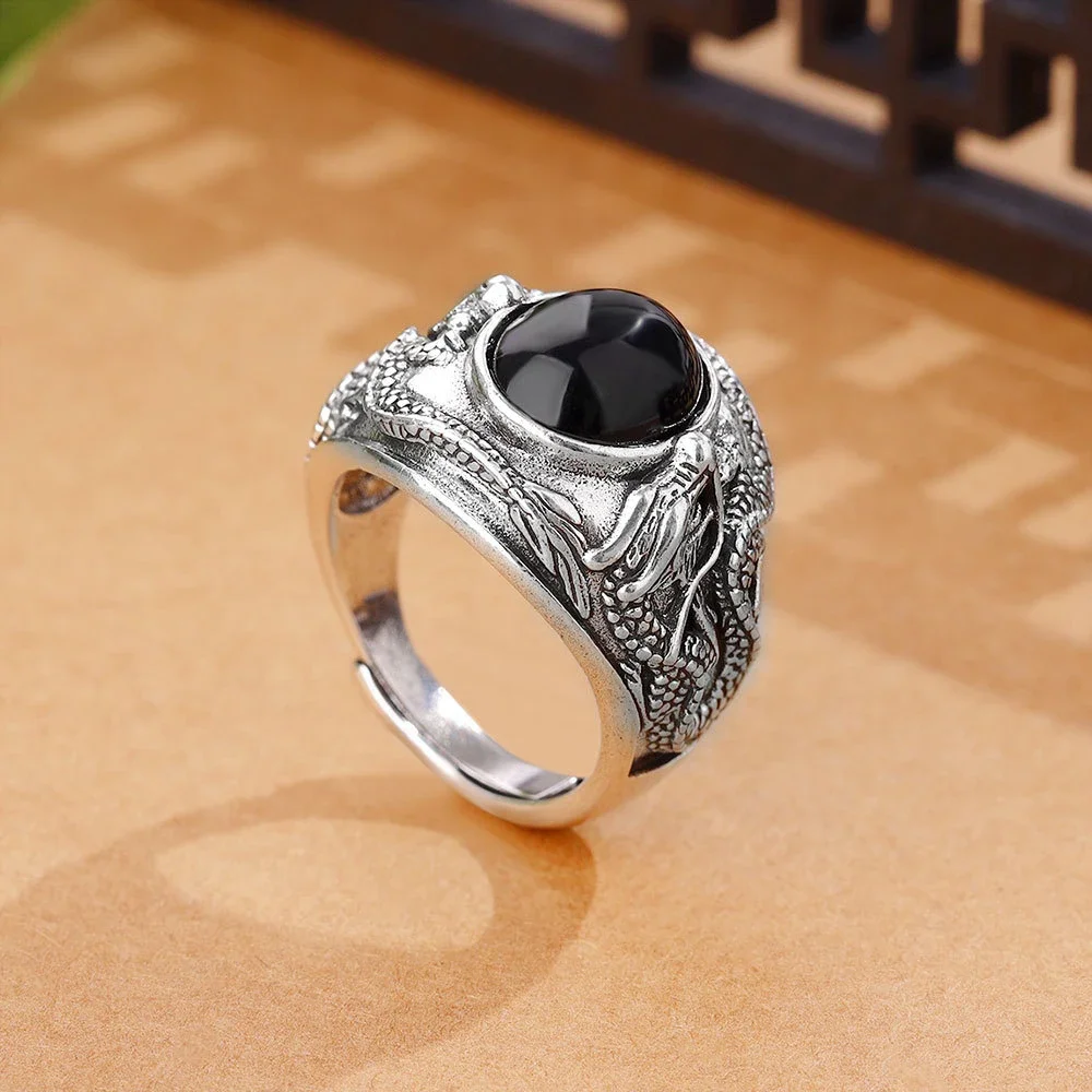 Classic style domineering dragon mens rings fashion ethnic style charms silver 925 black agate ring banquet jewelry gifts