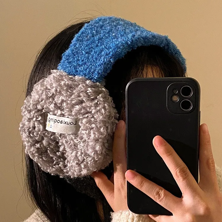 Korean style color blocked lambskin plush ear muffs thickened warmth cold protection winter ear protection straps cute ear bags
