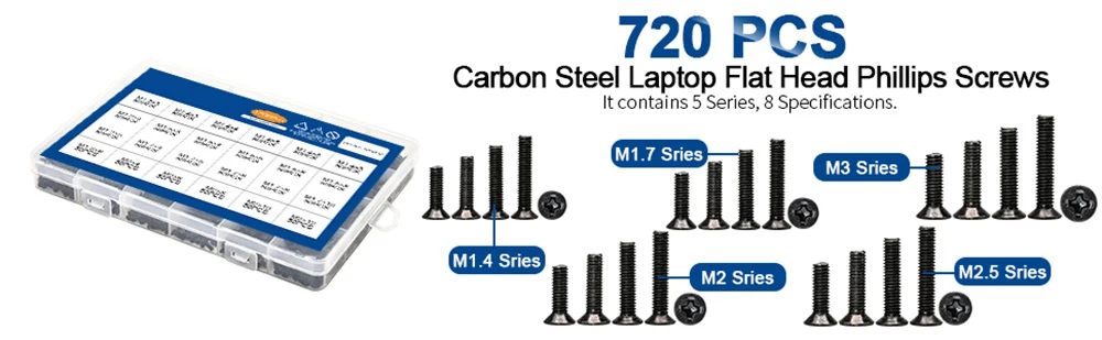 720-teiliges Laptop-Notebook-Computer-Schraubenset aus Kohlenstoffstahl, Flachkopf-Kreuzschlitzschrauben, M1.4/1.7/2/2.5/3 Senkkopf-SSD-Schrauben – Detail 1