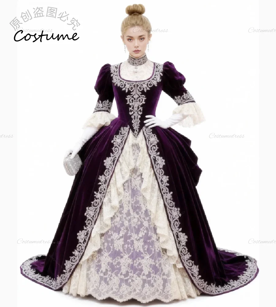 

Vintage Purple Baroque Masquerade Evening Dress 2026 Elegant Velvet 1890s Medieval Prom Dress Victorian Tudor Lace Formal Gowns