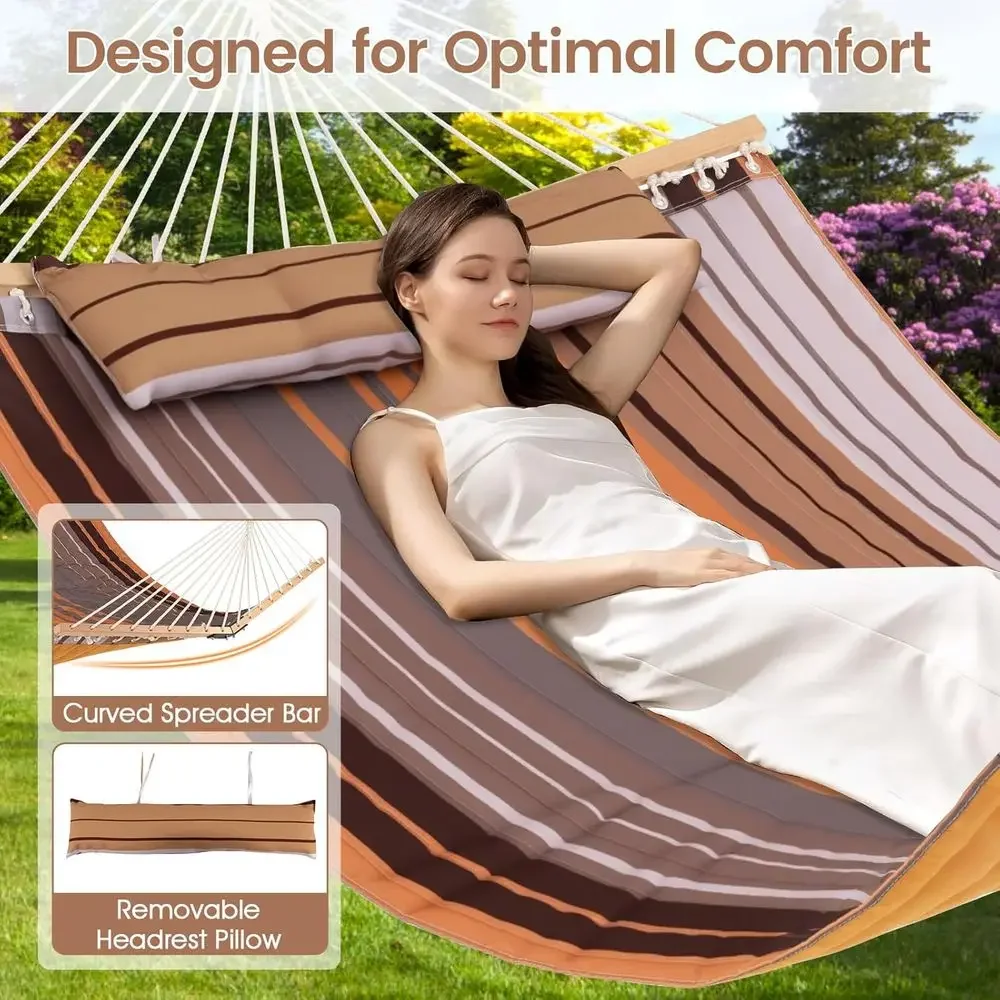 Camping Hammock with Detachable Pillow, Spreader Bar, and Handwoven Cotton Ropes for Outdoor, Patio, and Poolside Use