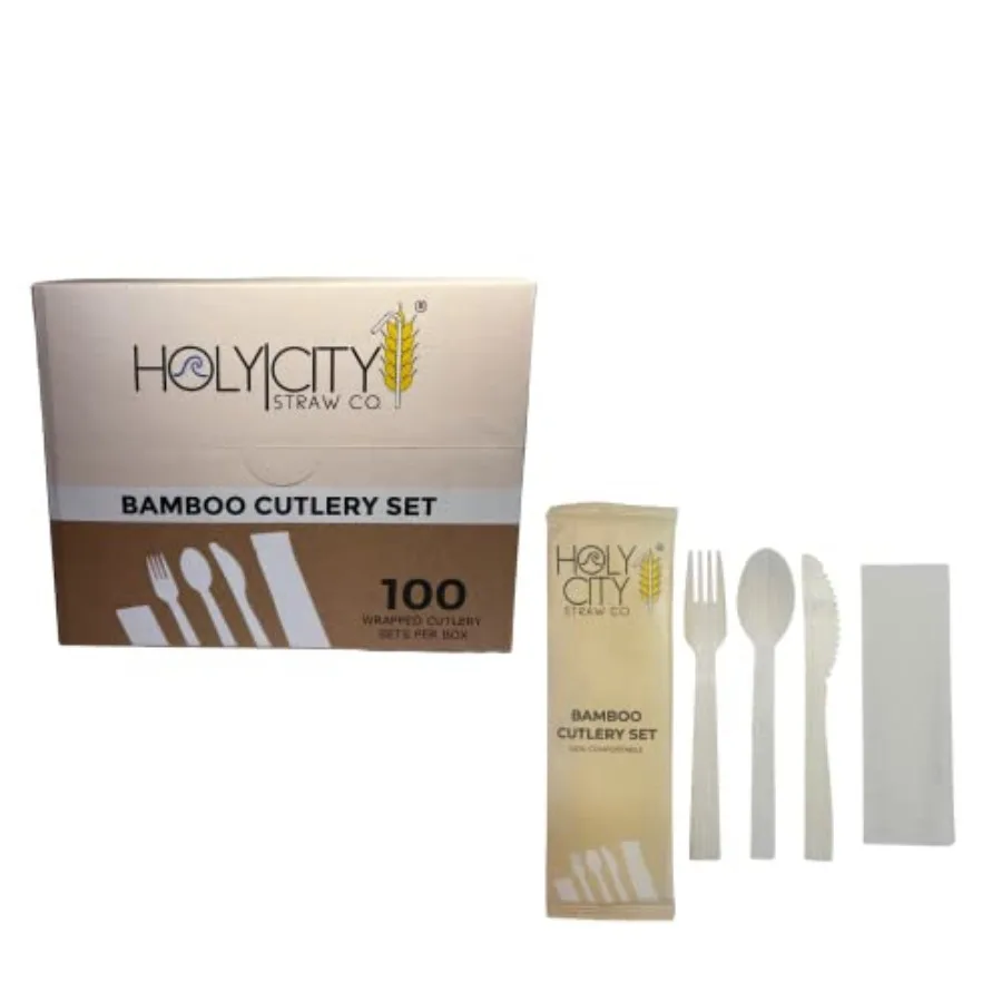 

Disposable Wrapped Bamboo Cutlery Set 100 Packs 1 Knife 1 Fork 1 Spoon and 1 Kraft Napkin 7in Biodegradable Utensils Compostabl