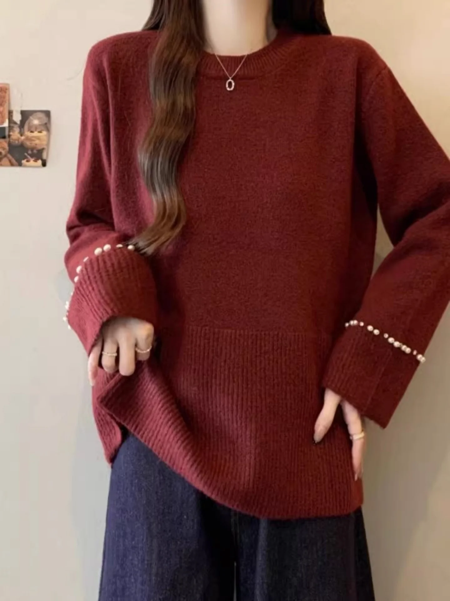 

Ele Wine Red Long Sve Knitted Sweater Women's Faion Winter Large Size Trendy Top Comfortable Mid-Length round Ne