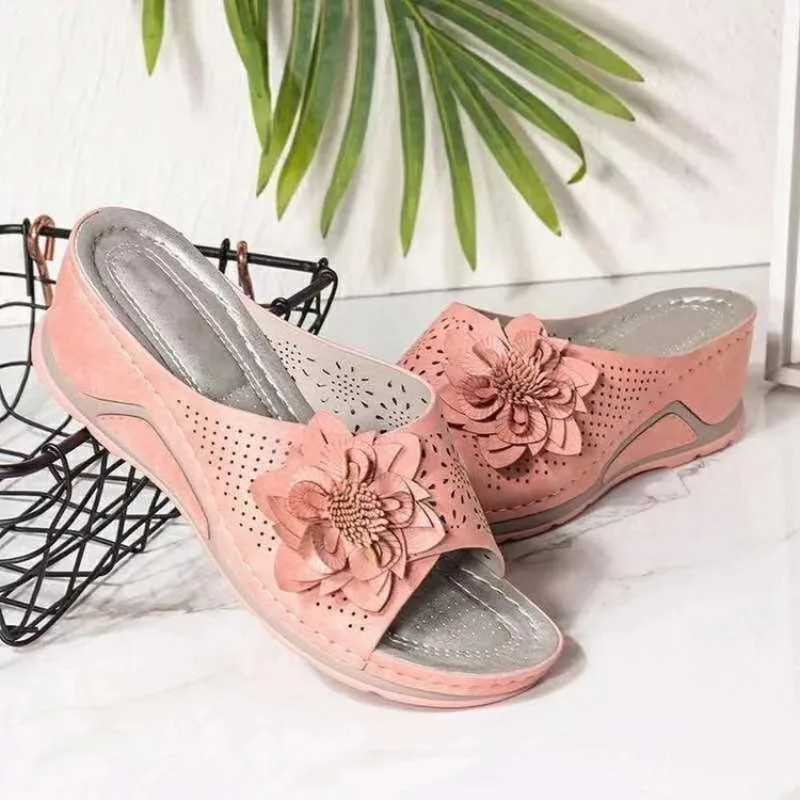 Women's Sandals Open Toe Wedge Heel Slip on Floral Applique Perforated Cutout Textured Upper Casual Summer Daily Footwear Shoes