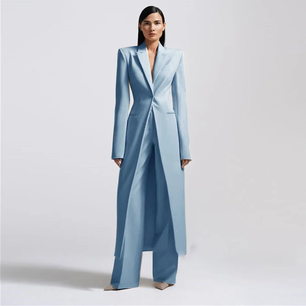 Wysokiej klasy zestawy spodni damskich Office Lady Formal Slim Fit 2-częściowy modny długi płaszcz z klapami w szpic i jednym guzikiem w jednolitym