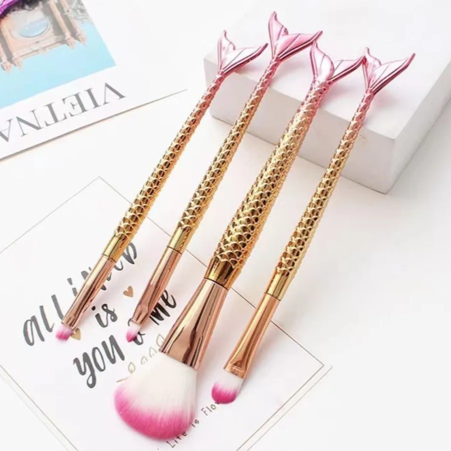 4pcs/set Mermaid Gradient Electroplating Makeup Brush Set, Loose Powder Shadow Eyeliner Eyebrow Brush Beauty Tools Perfect Gift