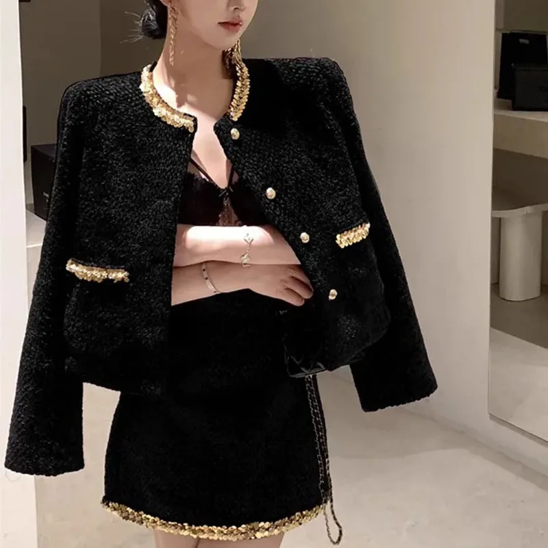 2026 New Autumn Tweed Two Piece Set Women Fashion Gold Trim Jacket Mini Skirt Suit Elegant Lady Blazers Outfit