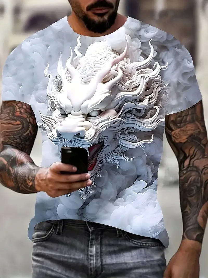 Men‘s T-Shirts 3D Dragon Print Short Sleeve Casual O Neck Pullover Street Outdoor Tops Tee Outdoor Sportshirt Oversized Clothing image 5