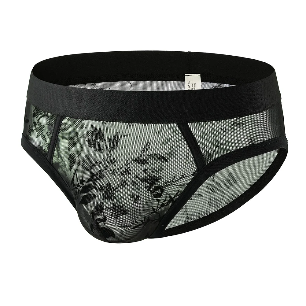 Men's Low Waist Mesh Triangle Briefs With Floral Pattern Sheer Transparent Underwear Breathable Pouch Comfort For Everyday Wear