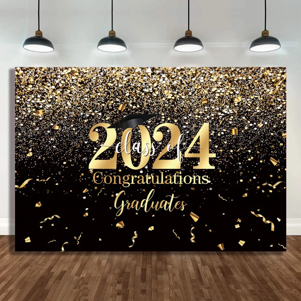 Congratulations 2024 Graduation Party Decor Poster Gold Balloon Ribbons Black Photography Backdrop Vinyl Background