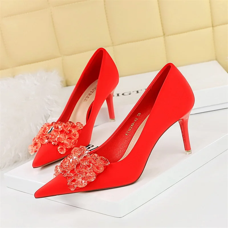 Rhinestones Women Pointed Toe Shallow Mouth Pumps Crystal Bow knot Satin Sandals Summer High Heel Party Prom Single Shoes