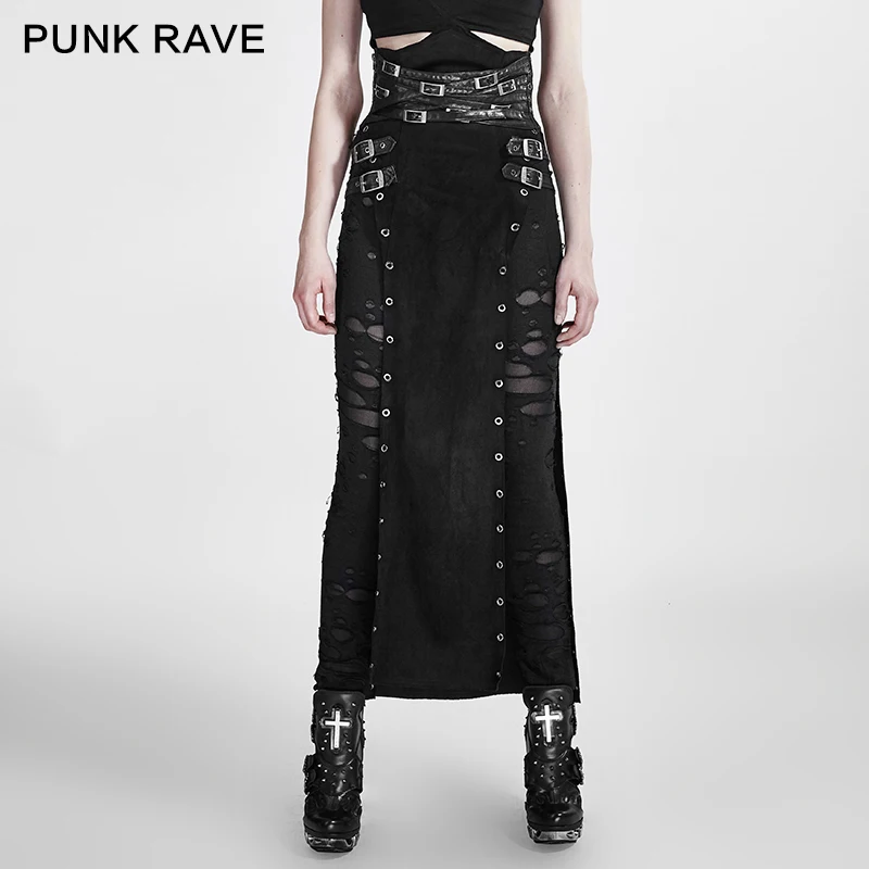 PUNK RAVE Women's Punk Split Skirt, Black Polyester Distressed Maxi Skirt with Leather Buckle Details Q298