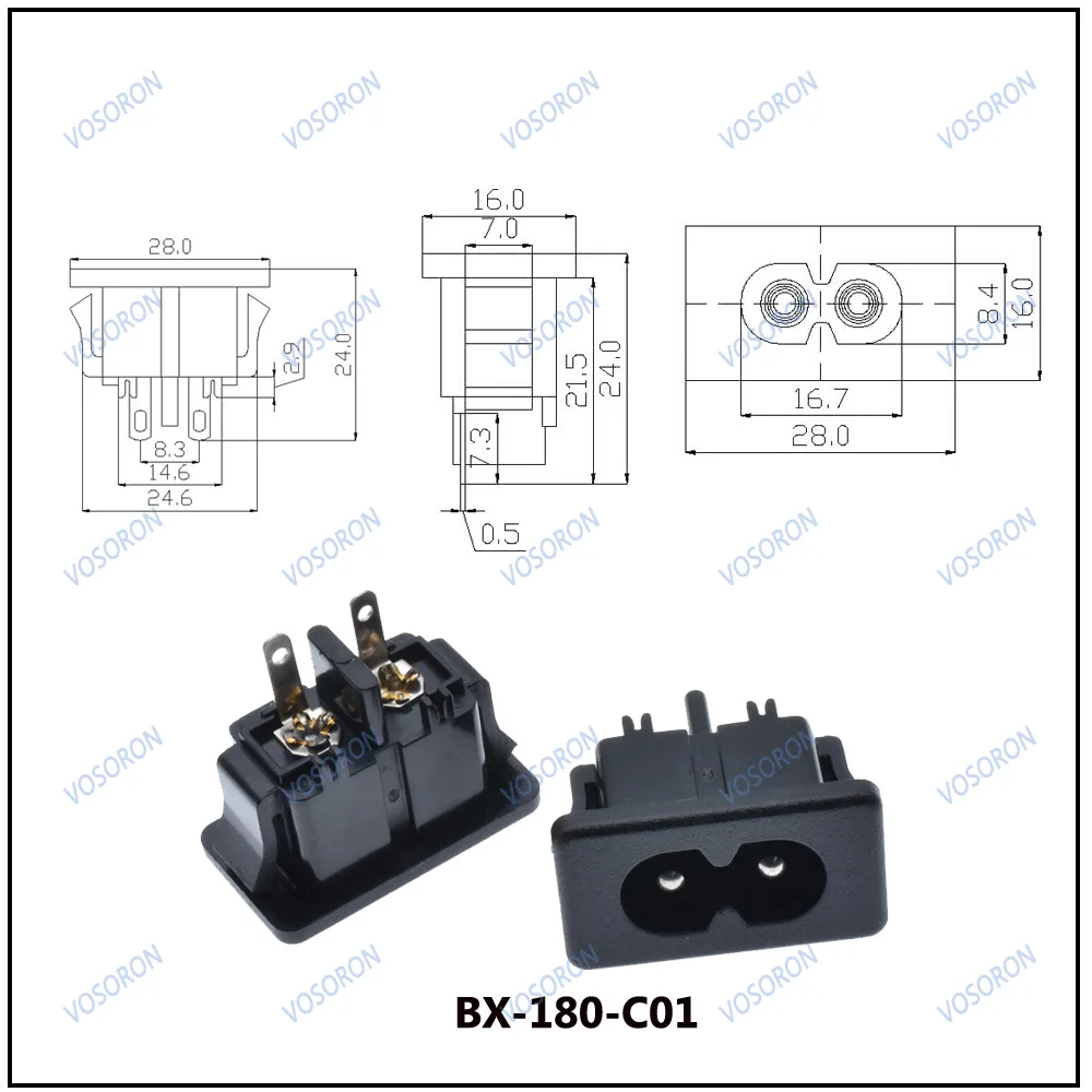 10Pcs AC250V 2.5A IEC320 C8 Male 2 Pins Black Power Inlet Socket Panel Embedded