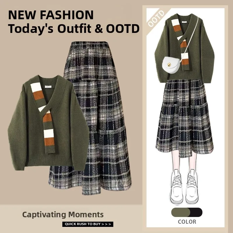 

Autumn Winter Women's Faion Sweater And Skirt Set High Waist Plaid Skirt V Ne Long Sve Knitwear Two Piece Outfit