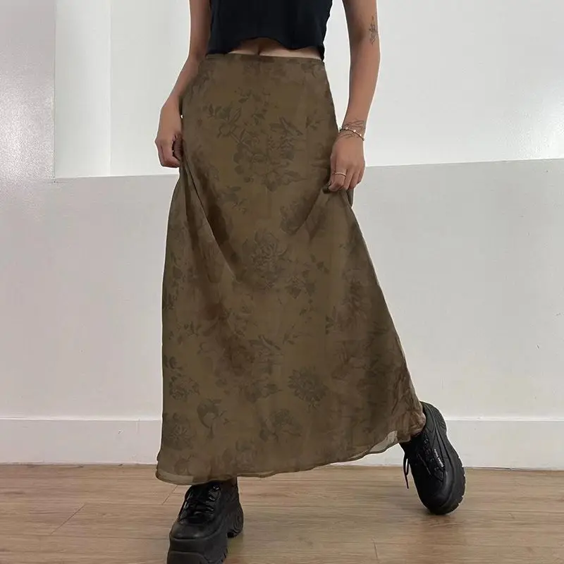 Deeptown Vintage Long Skirt Women Floral Print Low Rise Ladies Midi Skirts Y2K High Street Retro Aesthetic Casual Mesh Skirts