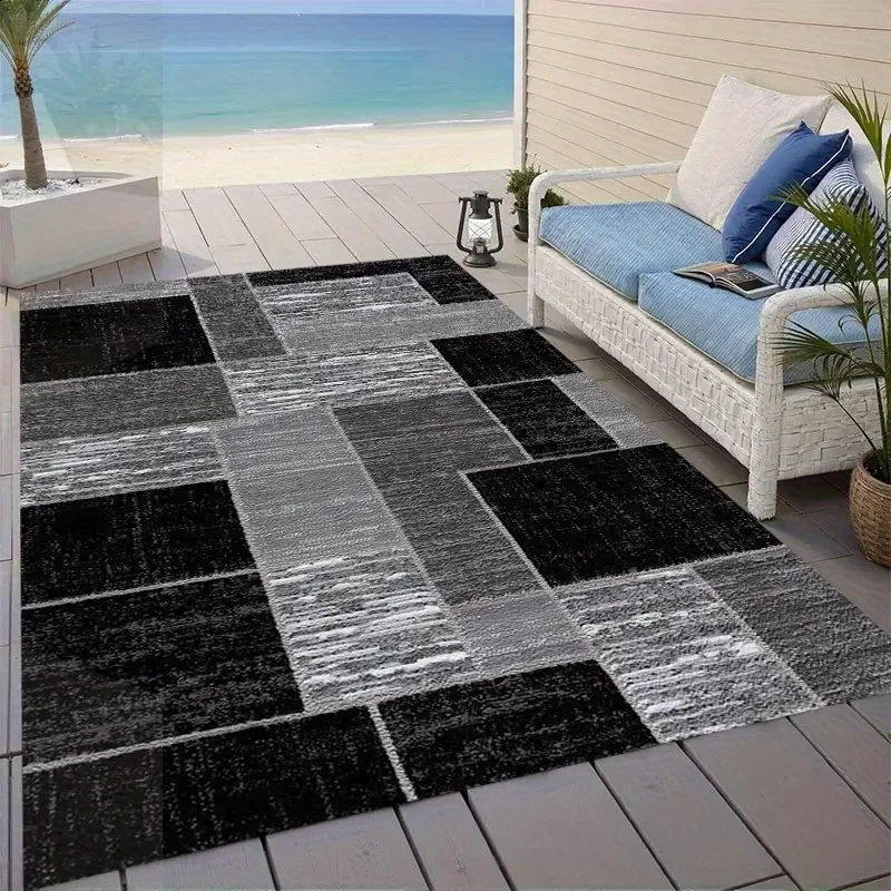 كبير أسود رمادي نمط هندسي منطقة في الهواء الطلق حصيرة شرفة حمام السباحة ساحة دائم مستطيلة الكلمة حصيرة التصميم الحديث في الهواء الطلق