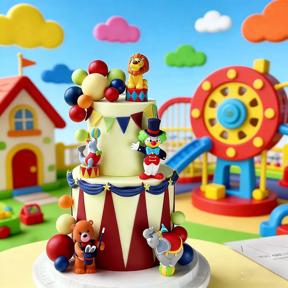 Adorno de Pastel con Temática de Circo, Payaso Acrobático, León, Elefante, León Marino, Mago, Oso, para Niños, Decoración para Fiesta de Primer Cumpleaños, Kit de Accesorios