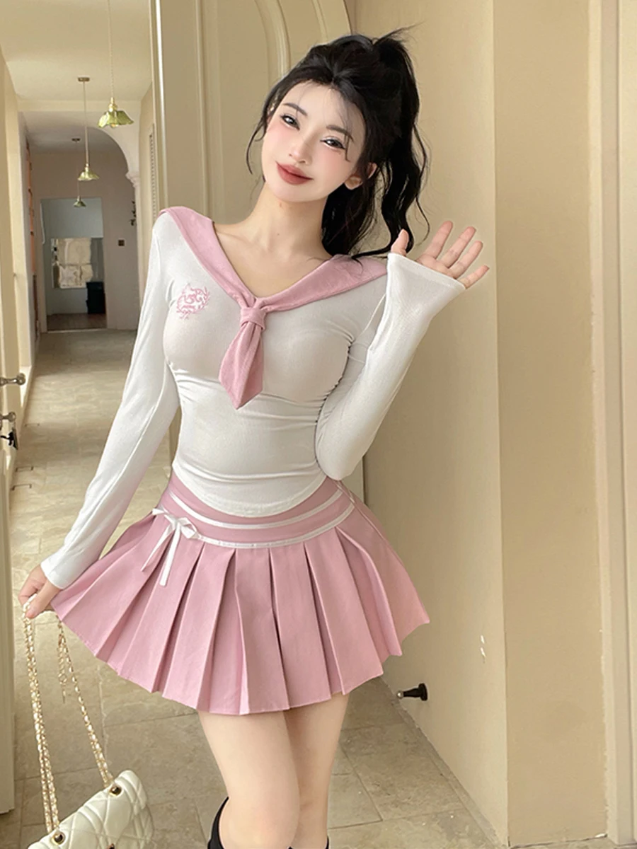 Sweet Navy Collar Long Sleeve High Waist Pleated Skirt Short Half-length Women's School Uniform Set Cotton Blend Business Casual