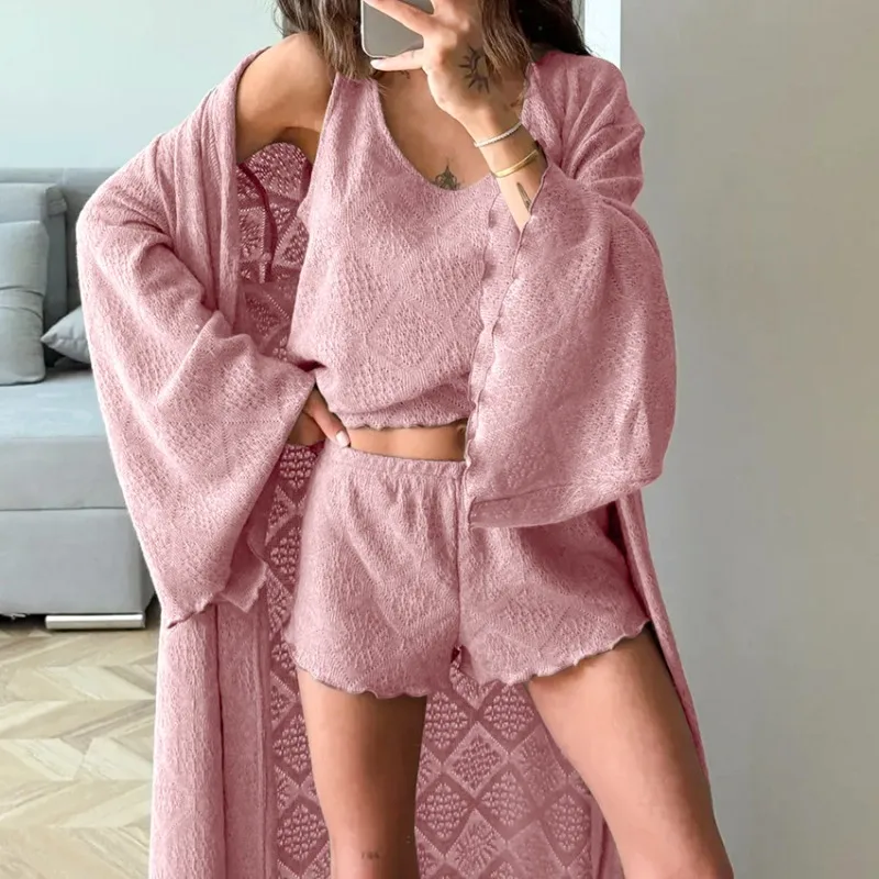 Autumn Fashion New Knitted Jacquard Cutout Black Ear-trimmed Pajamas Bathrobes Vests and Shorts Three-piece Home Wear for Women.