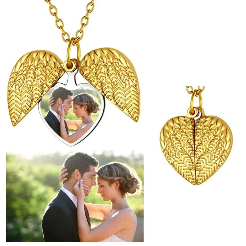 Custom Photo Heart Locket Necklace Personalized Picture Angel Wings Locket Necklace Customized Text Name Men Momen Jewelry Gifts view 2