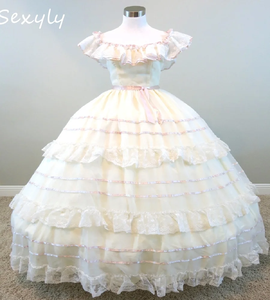 80s Cream Medieval Wedding Dress Tiered Ruffles Lace Bride Dress 2025 Civil War Rococo Bridal Dress Renaissance 19th Customized