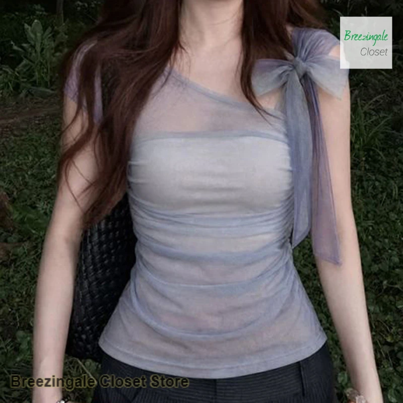 Korean purple gauze bow diagonal shoulder strap short sleeve T-shirt female summer temperament artistic waist casual shirt